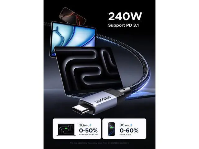 Alt view image 11 of 14 - UGREEN 240W USB C Cable Gen2 10Gbps USB 3.2, 4K 60Hz Video Output Fast Charging Compatible with iPhone 17/16/15 Pro Max, NVMe SSD, Monitor, Galaxy S25/S24/S23 Ultra, MacBook Pro, 3.3FT