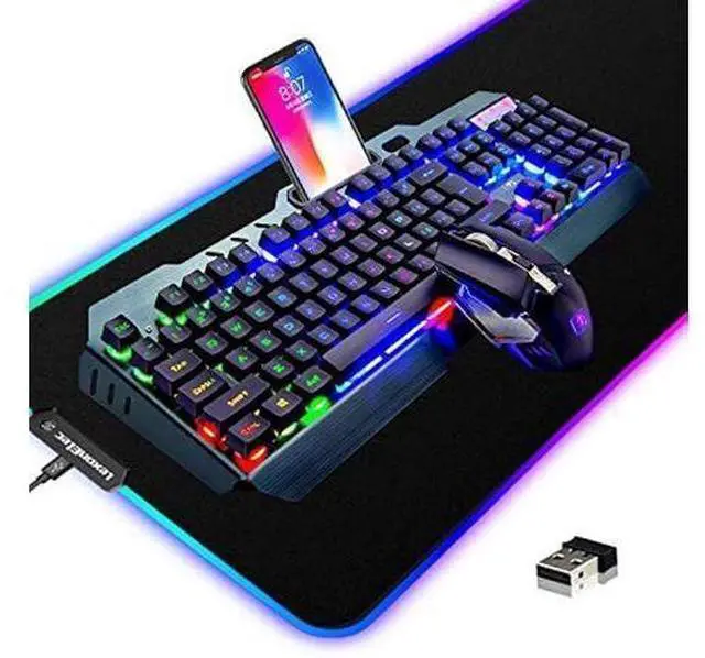Alt view image 7 of 12 - Wireless Gaming Keyboard and Mouse Combo,3 in 1 Rainbow LED Rechargeable Keyboard Mouse with 3800mAh Battery Metal Panel,10 Colors RGB Gaming Mouse Pad (32.5x12x0.15 inch),7 Colors Mute Gaming Mouse