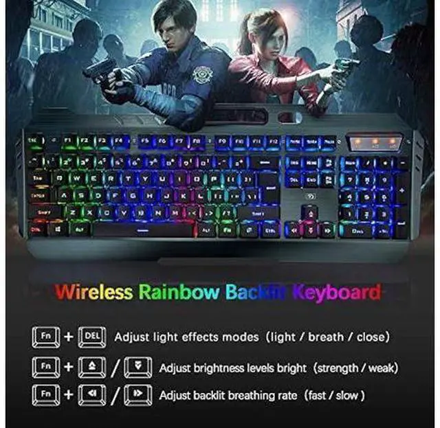 Alt view image 8 of 12 - Wireless Gaming Keyboard and Mouse Combo,3 in 1 Rainbow LED Rechargeable Keyboard Mouse with 3800mAh Battery Metal Panel,10 Colors RGB Gaming Mouse Pad (32.5x12x0.15 inch),7 Colors Mute Gaming Mouse