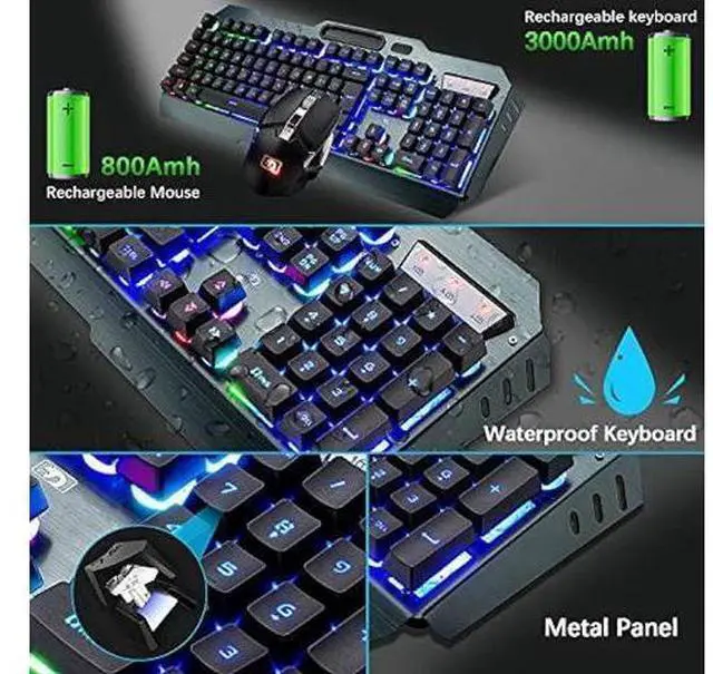 Alt view image 12 of 12 - Wireless Gaming Keyboard and Mouse Combo,3 in 1 Rainbow LED Rechargeable Keyboard Mouse with 3800mAh Battery Metal Panel,10 Colors RGB Gaming Mouse Pad (32.5x12x0.15 inch),7 Colors Mute Gaming Mouse