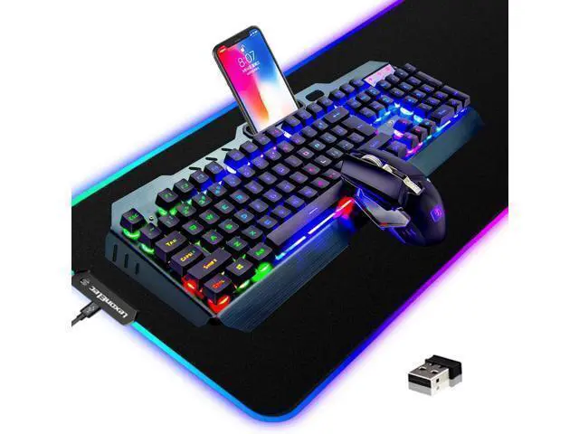 Alt view image 8 of 14 - Wireless Gaming Keyboard and Mouse Combo,3 in 1 Rainbow LED Rechargeable Keyboard Mouse with 3800mAh Battery Metal Panel,10 Colors RGB Gaming Mouse Pad (32.5x12x0.15 inch),7 Colors Mute Gaming Mouse