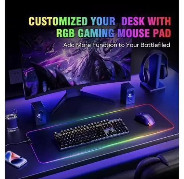 Alt view image 6 of 8 - XL LED Gaming Mouse Pad with 15W Wireless Charging - 10 Light Modes - Non-Slip Rubber Base - Ideal for Gaming MacBook PC Laptop Desk black