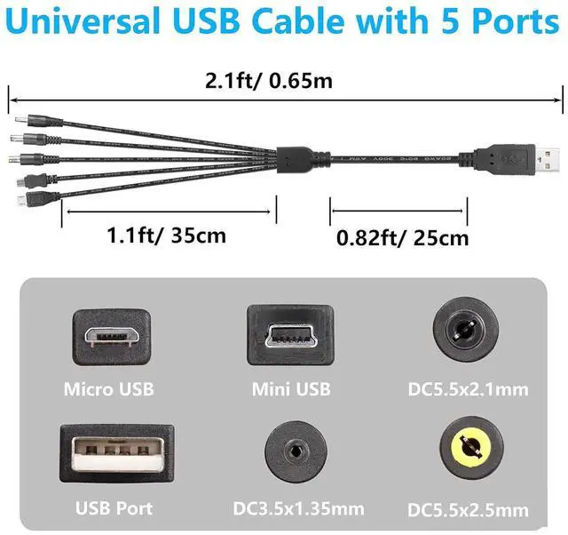 Alt view image 9 of 12 - USB to DC 5V Power Cord, Universal USB Cable with 5 Ports (5.5x2.5, 5.5x2.1, 3.5x1.35, Micro USB, Type-C) for Router,Mini Fan,Speaker, MP3, MP4 More 5V Devices - 0.6M/2FT