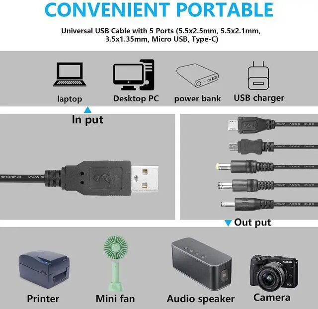 Alt view image 10 of 12 - USB to DC 5V Power Cord, Universal USB Cable with 5 Ports (5.5x2.5, 5.5x2.1, 3.5x1.35, Micro USB, Type-C) for Router,Mini Fan,Speaker, MP3, MP4 More 5V Devices - 0.6M/2FT