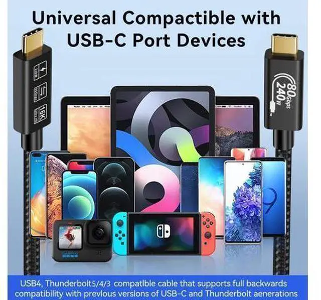Alt view image 14 of 14 - Vszerda USB4 Thunderbolt 5 Cable - 240W Charging, 80Gbps Data, 2m Length - USB C to USB C, for Hub, Dock, Laptops, Monitors (TB5 80G 240W 2M)
