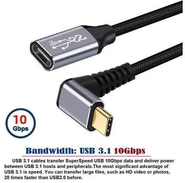 Alt view image 9 of 14 - Vszerda Down & Up Angled USB-C USB 3.1 Type C Male to Female Extension Data Cable 10Gbps 100W with Sleeve for Laptop 3.0m