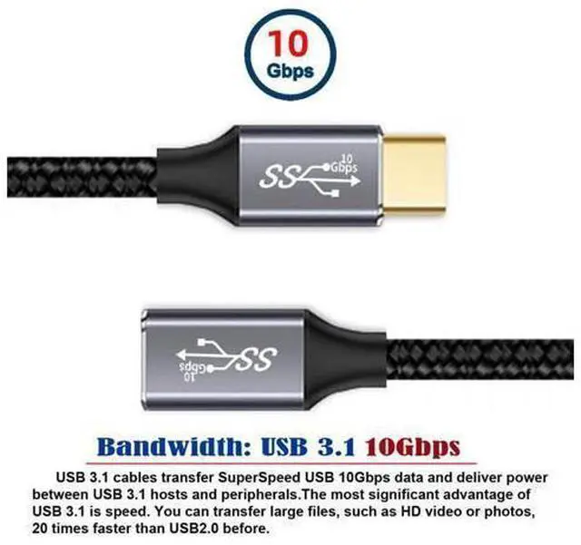 Alt view image 11 of 14 - Vszerda Straight USB-C USB 3.1 Type C Male to Female Extension Data Cable 10Gbps 100W with Sleeve for Laptop 3.0m