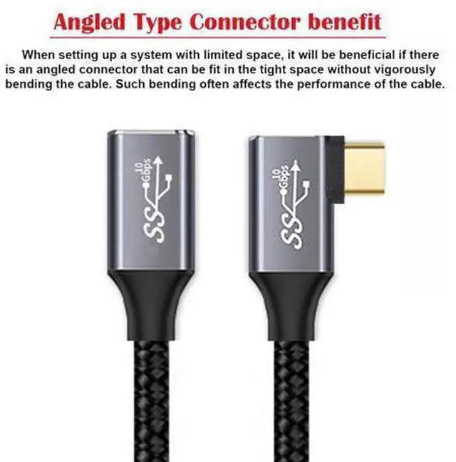Alt view image 10 of 14 - Vszerda Left Right Angled USB-C USB 3.1 Type C Male to Female Extension Data Cable 10Gbps 100W with Sleeve for Laptop 3.0m