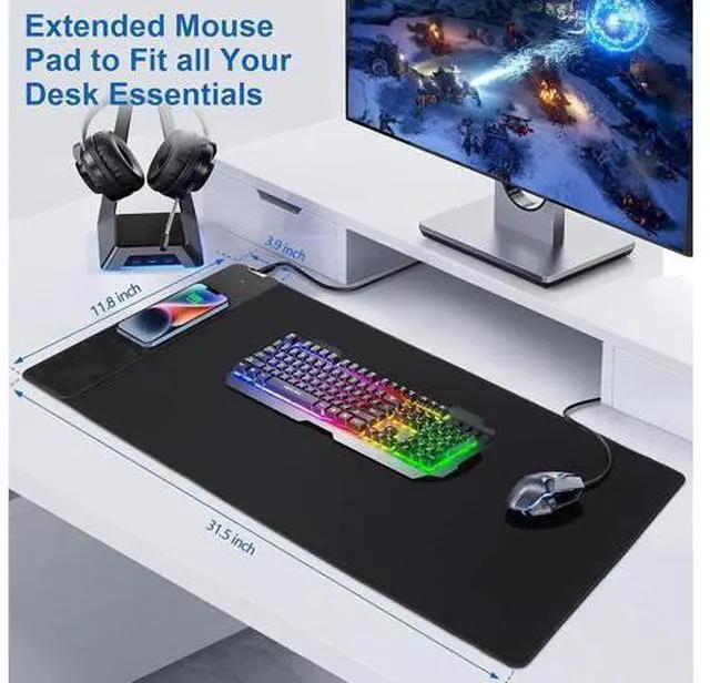 Alt view image 12 of 14 - Mouse Pad with Wireless Charger, Gaming Mouse Pad, 31.5"x15.7" Extra Large Mouse Pad XXL, Desk Pad, Wireless Charging Mouse Pad, Non-Slip Computer Keyboard Mouse Pad, Desk Mat for Gaming, Home, Office