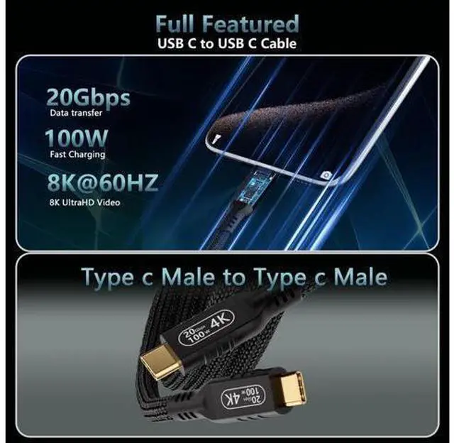 Alt view image 9 of 14 - Vszerda USB c Cable 3.2 gen 2 Data Transfer 20gbpsType C to Type C Long Cable 16.5ft/5m PD 100W Fast Charge4k@60hz Video Cable for Monitor.