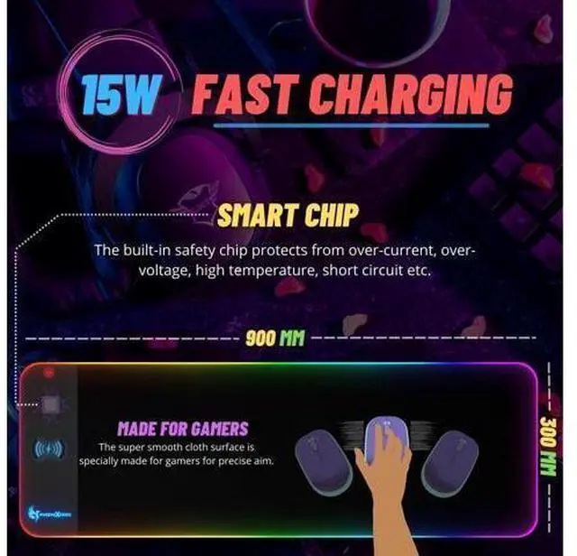 Alt view image 11 of 14 - RGB Wireless Charging Mouse Pad 15W, XL 900x300x4MM Mouse Mat, RGB Mouse Pad with Wireless Charging, Keyboard Mat for Gaming