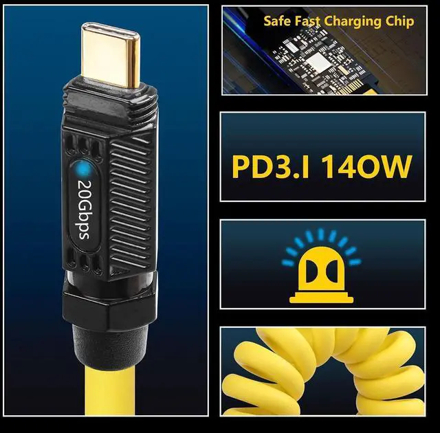 Alt view image 13 of 14 - USB C Extension Cable 140W 20Gbps 8K 1.64-5FT, Coiled USB C Extender Cord Male to Female Support PD3.1/PE/QC/PPS and Other Fast Charging Protocols