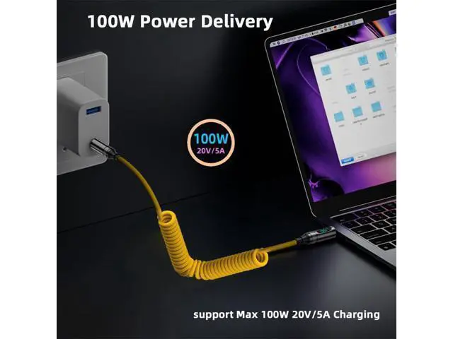 Alt view image 14 of 14 - Vszerda Stretch Coiled USB-C USB4 Cable with Smart LED Display 20Gbps 100W 8K for Laptop Disk Phone Type-C Male to Male Cable Power & Data 180cm