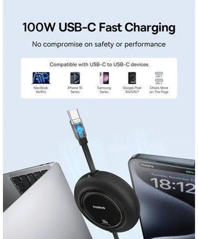 Alt view image 7 of 10 - Baseus USB C Cable, PD 100W 6.6ft Retractable USB C to USB C Fast Charging Cable USB C Cable, 2-Pack 3.3ft 100W 5A Fast Charging USB C to USB C Cable