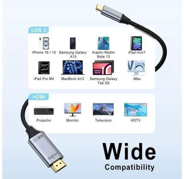 Alt view image 9 of 14 - Vszerda USB C to HDMI Cable 6.6FT 4K 60Hz, Gold-Plated High-Speed USB Type C to HDMI 2.0 Cord, Thunderbolt 3/4/5 Compatible for iPhone 16/15 Series, MacBook, iMac, iPad Pro, Galaxy S8 to S23, Surface