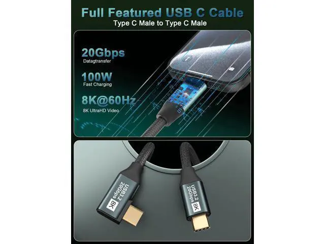 Alt view image 9 of 14 - Vszerda Right Angle USB C Cable 3.2 Gen 2-6.6FT 8K@60Hz USBC USBC Monitor Cable-20Gbps Data Transfer-100W PD Fast Charging Type C to Type C Video Cable for iPhone 16/15, iPad, MacBook, TV, Display