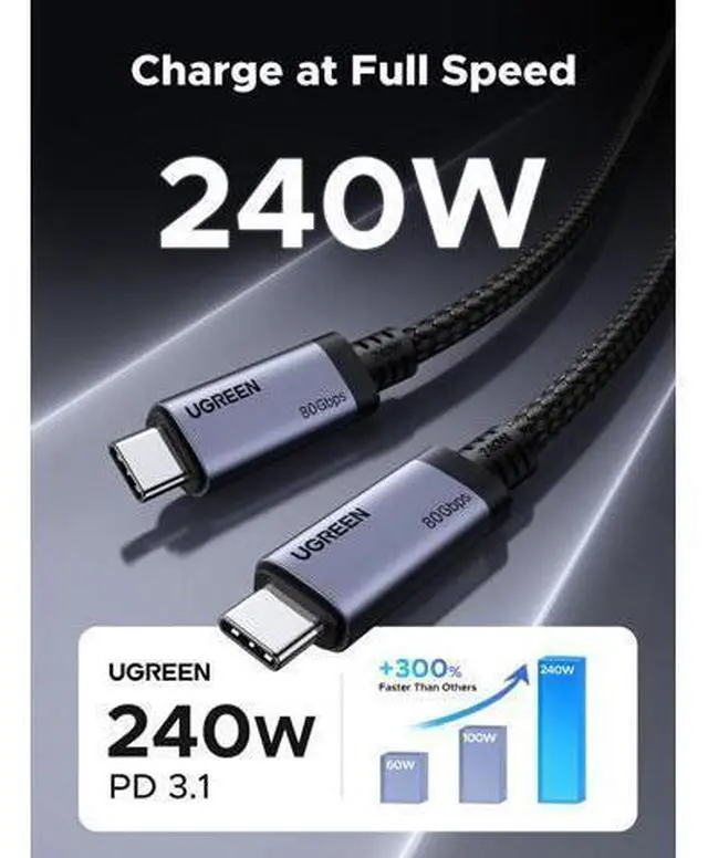 Alt view image 11 of 14 - UGREEN USB C to USB C Cable 240W USB4 Gen4 80Gbps Premium 17K Dual 8K Triple 4K Display PD3.1 Type C Fast Charging Compatible with USB C Monitors, MacBook, iPad, iPhone 17/16/15, 3.3FT