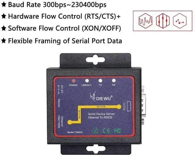 Alt view image 12 of 14 - RS232 to Ethernet Serial Device Server, 1 Port RS 232 DB9 Serial to Ethernet TCP IP Device Server Converter