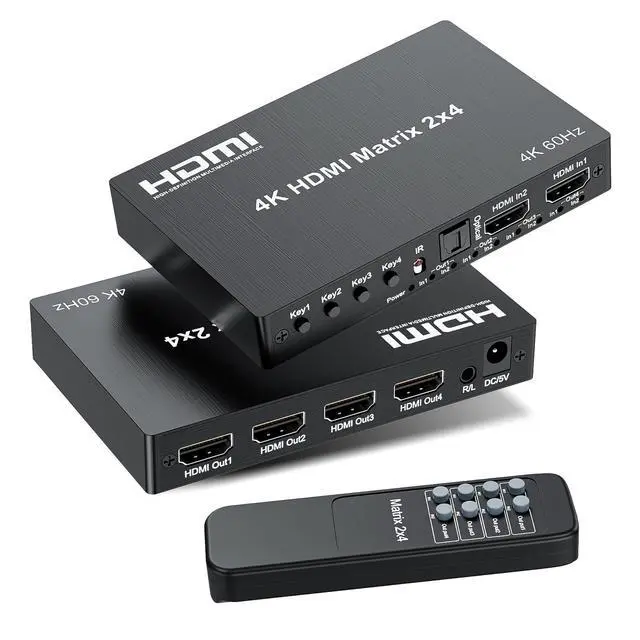 Alt view image 8 of 14 - 4K 2x4 HDMI Matrix Switch, 2 in 4 Out Matrix HDMI 2.0 Video Switcher Splitter, Optical & 3.5mm Audio Output, Support 4K 60Hz HDR HDCP2.2, 18Gbps, with IR Remote Control for NS PS5 Fire Stick etc
