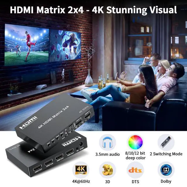 Alt view image 9 of 14 - 4K 2x4 HDMI Matrix Switch, 2 in 4 Out Matrix HDMI 2.0 Video Switcher Splitter, Optical & 3.5mm Audio Output, Support 4K 60Hz HDR HDCP2.2, 18Gbps, with IR Remote Control for NS PS5 Fire Stick etc
