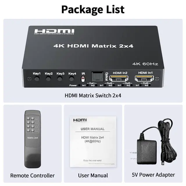 Alt view image 14 of 14 - 4K 2x4 HDMI Matrix Switch, 2 in 4 Out Matrix HDMI 2.0 Video Switcher Splitter, Optical & 3.5mm Audio Output, Support 4K 60Hz HDR HDCP2.2, 18Gbps, with IR Remote Control for NS PS5 Fire Stick etc
