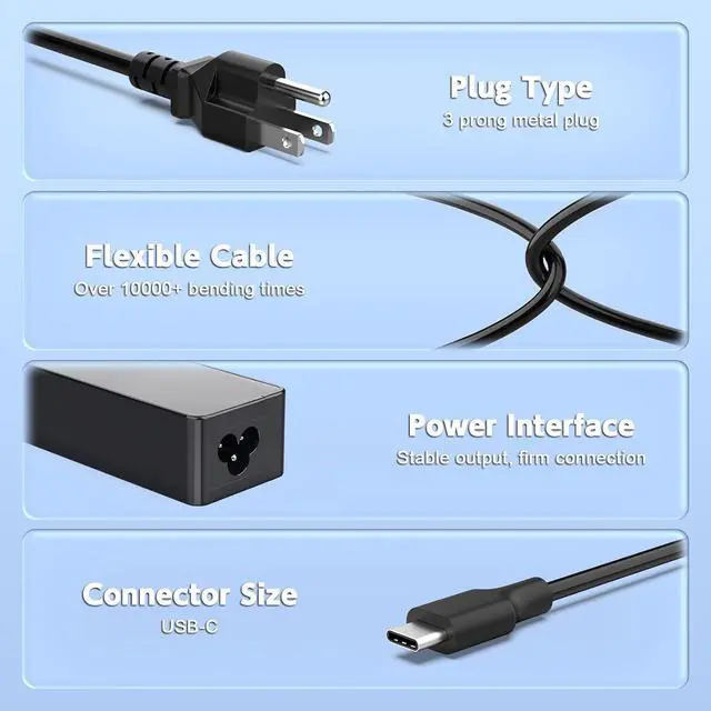 Alt view image 7 of 10 - 65W USB C Charger Compatible with LG Gram Laptop 14" 15" 16" 17" Series 14Z90N 14Z90R 14T90R 14T90P 14Z90P 15Z90N 15Z995 15Z90R 15Z95N 15Z95P 15Z90Q 16Z90P 17Z90N 17Z90P Power Supply Cord