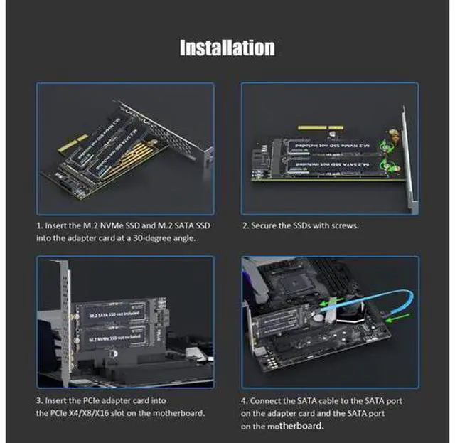 Alt view image 14 of 14 - Vszerda PA12 Dual M.2 SSD PCIe X4 Adapter Without Heatsink for One M.2 NVMe SSD and One M.2 SATA SSD, Support PCIe 4.0 SSD and OS Boot from M.2 NVMe SSD