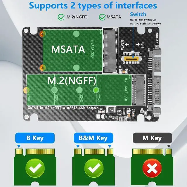Alt view image 9 of 14 - M.2 NGFF SSD & MSATA SSD to 2.5"" SATA III Converter Adapter 2 in 1 B Key/B&M Key M.2 NGFF mSATA SSD Hard Drive to SATA3.0 Enclosure Adapter Not for M Key, black