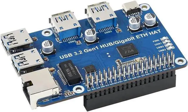 Alt view image 8 of 10 - Coolwell USB 3.2 Gen1 and Gigabit Ethernet HUB HAT for Raspberry Pi Series Board, 3x USB 3.2 Gen1, 1x Gigabit Ethernet, Plug & Play, No Driver Needed