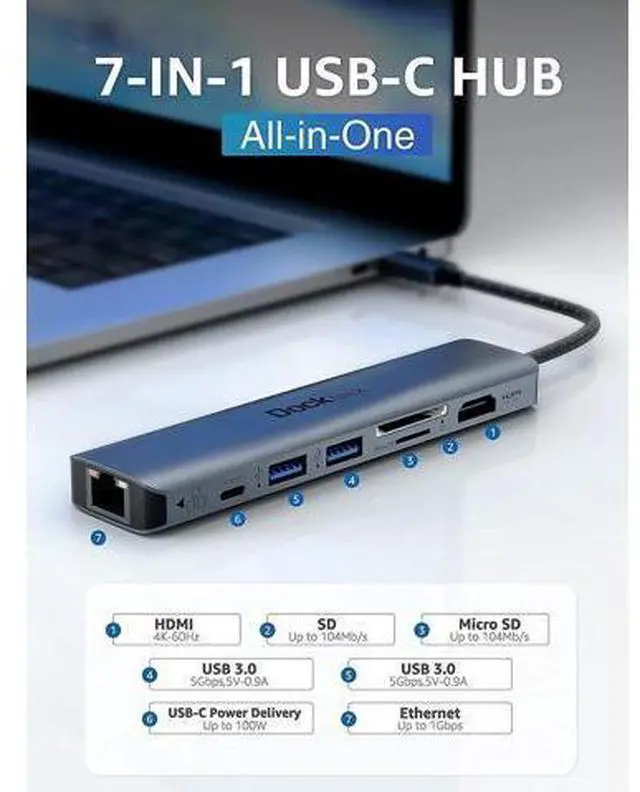 Alt view image 7 of 10 - USB C Hub Multiport Adapter, Dockteck 7-in-1 USB-C Hub with 4K 60Hz HDMI with Short USB C Cable 0.5 FT CableCreation USB A to USB C Cable