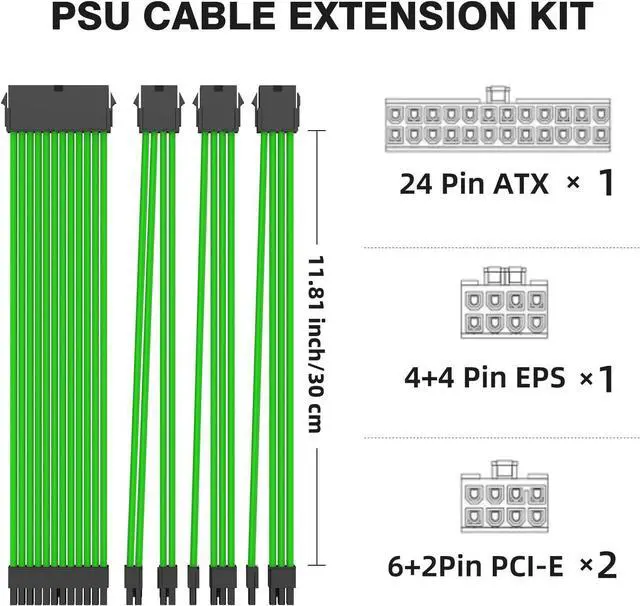 Alt view image 10 of 14 - 16AWG PSU Cable Extension Kit with Cable Combs,1x24pin ATX/1x8pin(4+4) EPS/2x8pin(6+2) PCIE Extension Cable,Cable Extension PC Sleeved Cables 30cm Length,Power Supply Extension Cable Kit(Green)