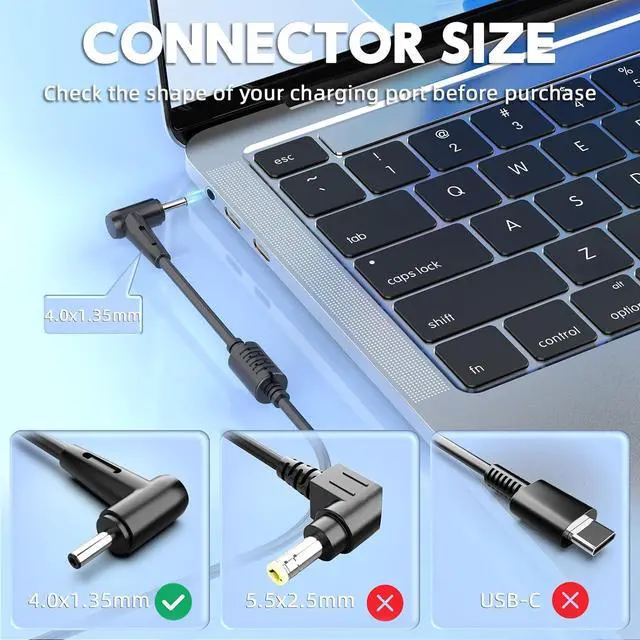 Alt view image 9 of 14 - 45W Charger for ASUS Vivobook Zenbook, 19V 2.37A 4.0mm Tip AC Adapter, Foldable Plug, Replacement for Chromebook UX305 X540 S200 C202SA
