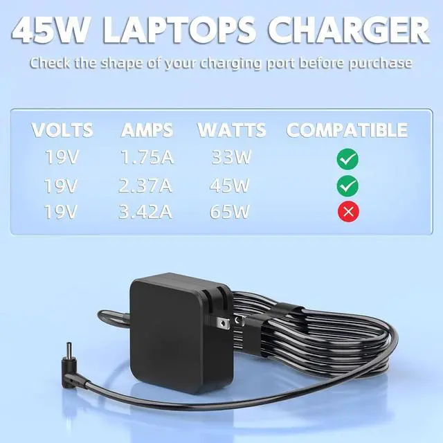 Alt view image 11 of 14 - 45W Charger for ASUS Vivobook Zenbook, 19V 2.37A 4.0mm Tip AC Adapter, Foldable Plug, Replacement for Chromebook UX305 X540 S200 C202SA