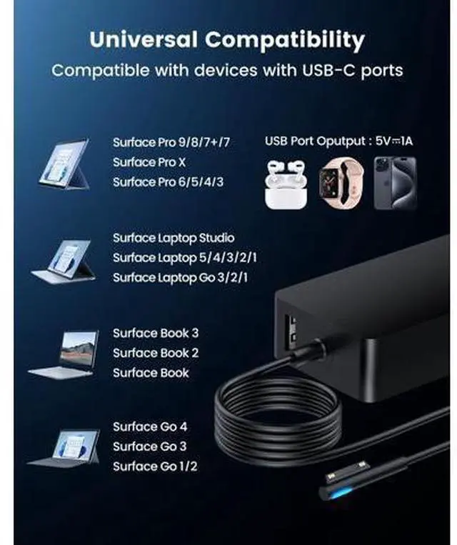 Alt view image 8 of 10 - 102W Surface Book 2 Charger, for Microsoft Surface Laptop Studio, Surface Laptop 3 4 5, Windows Surface Pro/Go, Fast Charge 9.19Ft Super Long Cable with Magnetic Plug & LED
