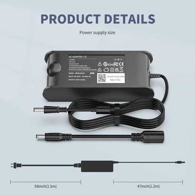 Alt view image 11 of 12 - 90W 19.5V 4.62A Laptop Charger for Dell Inspiron & Latitude - 7.4×5.0mm & 4.5×3.0mm Dual Tips, 8.8ft/2.7m Long Cable Power Supply Adapter