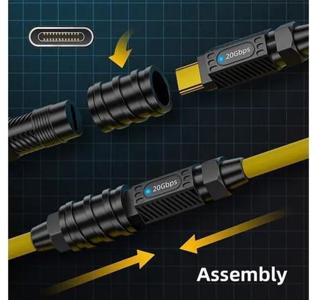 Alt view image 14 of 14 - Vszerda Stretch Coiled Silicone 140W 20Gbps 8K USB-C USB4 Cable Type-C Male to Female Extension Cable Power & Data for Gaming Keyboard Mouse 1.8m/6ft