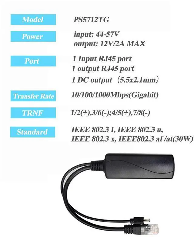 Alt view image 10 of 14 - Gigabit PoE Splitter 12V 2A Output with IEEE 802.3af/at Standard Compliant 10,100,1000Mbps Power Over Ethernet Splitter Adapter for Security Camera CCTV Surveillance 5.5x2.1mm DC Plug Cable(PS5712TG)