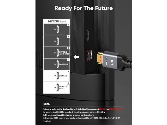 Alt view image 9 of 14 - Vszerda 8K 2.1 HDMI Cable 3.3FT/1M 2-Pack, 48Gbps High Speed HDMI Braided Nylon Cord-4K120 144Hz 8K60Hz RTX 3090 eARC HDR10 4:4:4 HDCP 2.2&2.3 QMS VRR,Compatible for Laptop,Monitor,Roku TV,HDTV