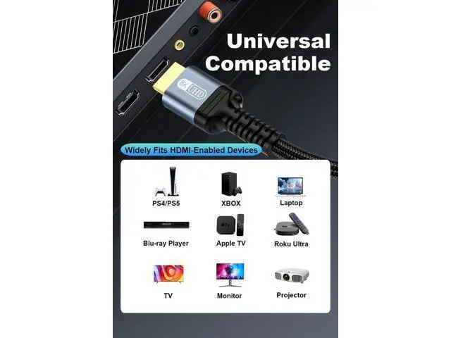 Alt view image 13 of 14 - 10K 8K 4K HDMI 2.1 Cable 8ft, 48Gbps Ultra High Speed HDMI Cable Braided Cord-8K@60Hz 4K@120Hz, Dynamic HDR, eARC, HDCP 2.2&2.3, 3D, for TV/Laptop/Monitor/PS5/Xbox/Projector/Entertainment/Sound System