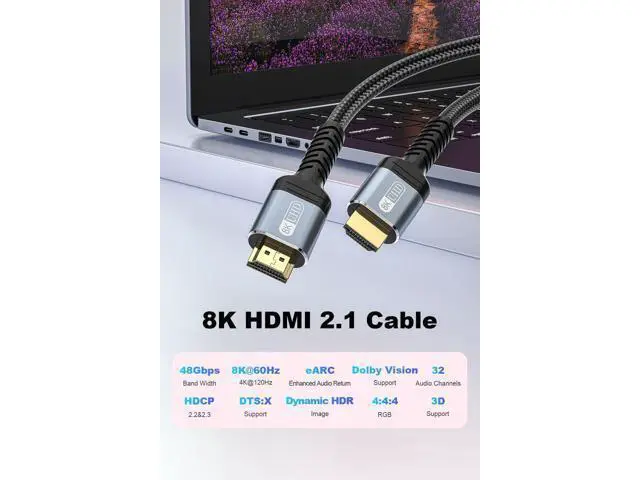 Alt view image 9 of 14 - 10K 8K 4K HDMI 2.1 Cable 8ft, 48Gbps Ultra High Speed HDMI Cable Braided Cord-8K@60Hz 4K@120Hz, Dynamic HDR, eARC, HDCP 2.2&2.3, 3D, for TV/Laptop/Monitor/PS5/Xbox/Projector/Entertainment/Sound System