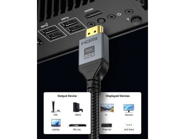 Alt view image 11 of 12 - Vszerda 16K 8K HDMI Cable 96Gbps 3.3 FT, Ultra High Speed HDMI 2.2 Cable 16K@60Hz 8K@120Hz 4K@480Hz HDCP 2.2&2.3, Dynamic HDR, eARC,DTS:X, Compatible with Roku TV/HDTV/PS5/Blu-ray/Projector