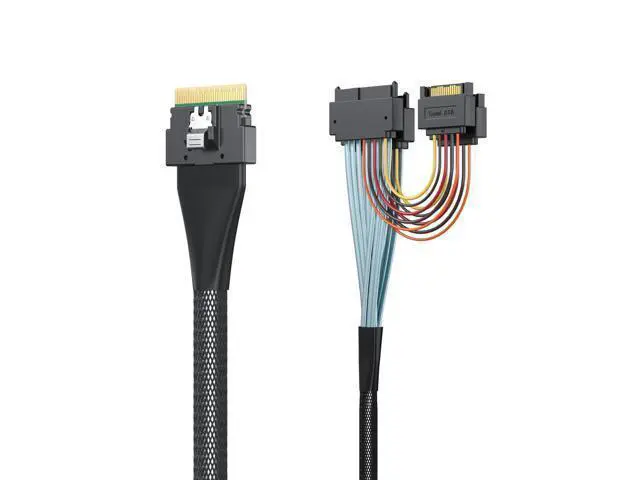 Alt view image 5 of 8 - Vszerda SlimSAS SFF-8654 8i to Dual U.2 SFF-8639 Adapter Cable with 15Pin SATA Power, PCIe 4.0 x8 NVMe SSD Cable for Servers/Workstations, 85Ohm AWG30 Twinax, Silver Plated, 0.5m/1.6ft