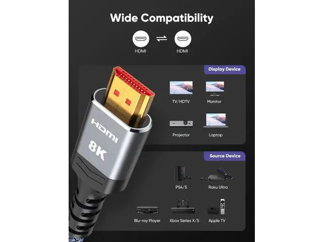 Alt view image 13 of 14 - Vszerda 8K 2.1 HDMI Cable 3.3FT/1M 2-Pack, 48Gbps High Speed HDMI Braided Nylon Cord-4K120 144Hz 8K60Hz RTX 3090 eARC HDR10 4:4:4 HDCP 2.2&2.3 QMS VRR,Compatible for Laptop,Monitor,Roku TV,HDTV