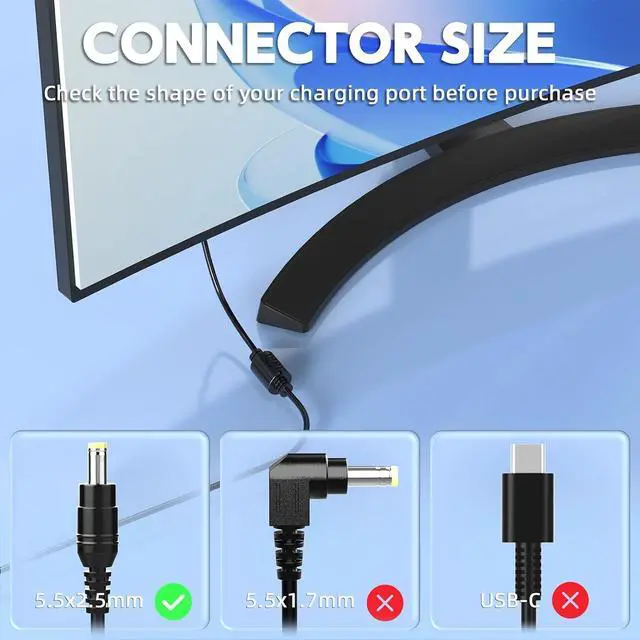 Alt view image 8 of 12 - 60W 12V 5A AC Power Adapter Compatible with S-Series Monitor, 5.5x2.5mm Tip, 8.6ft (103.5in) Extra Long Power Cord Replacement