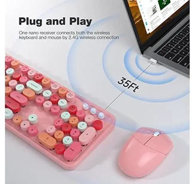Alt view image 7 of 10 - Wireless Keyboard and Mouse Combo, MOWUX Colorful Computer Full Size 2.4G Plug and Play Wireless Typewriter Keyboard and Mouse Set for Windows, Computer, Desktop, PC, Notebook (Pink Colorful)