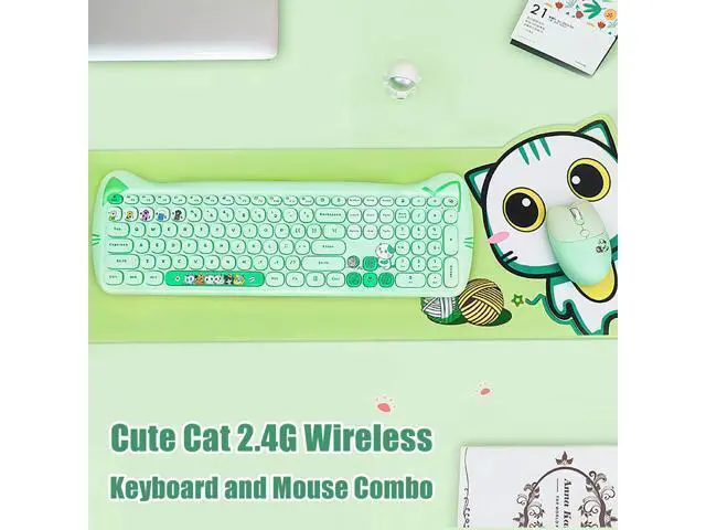 Alt view image 7 of 10 - Cute Cat 2.4G USB Wireless Keyboard and Mouse Combo, Silent Keys, Candy Colors, Compatible with Notebook, PC (Green-110Keys)