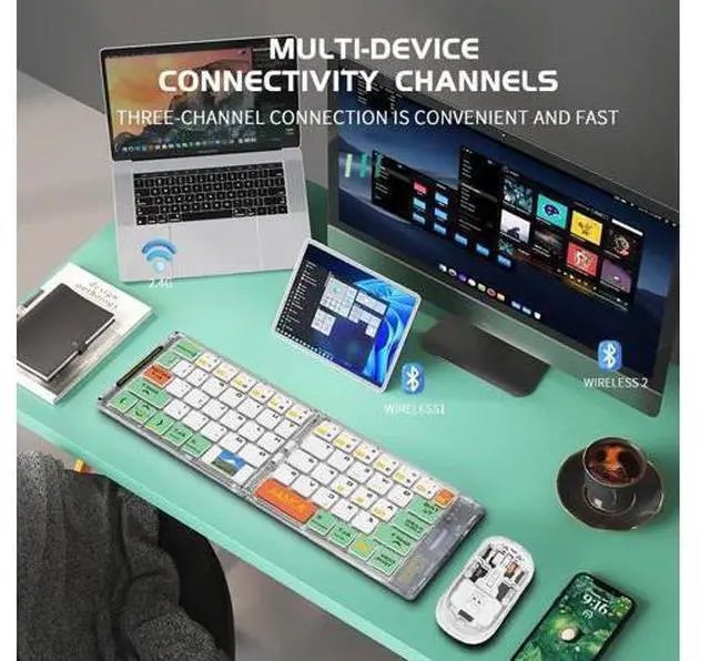 Alt view image 10 of 10 - Wireless BT Foldable Keyboard and Mouse Combo,Ultra Slim, Rechargeable, Silent, Portable Travel Keyboard for Laptop, Tablet,Phone (Green)