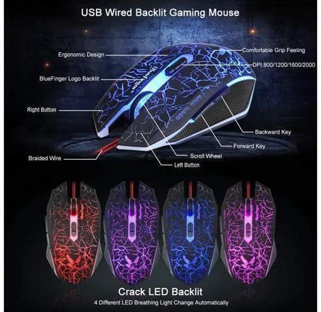 Alt view image 14 of 14 - BlueFinger Gaming Keyboard and Mouse,USB Wired Backlit Gaming Mouse and Keyboard Combo,Letters Glow, 3 Color Crack Backlit,Illumination Keyboard and Mouse Set for Game and Work