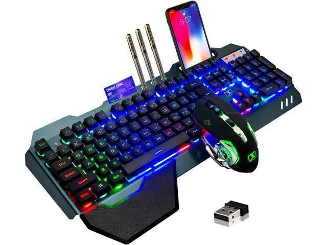 Alt view image 8 of 14 - Wireless gaming Keyboard and Mouse,Rainbow Backlit Rechargeable Keyboard Mouse with 3800mAh Battery Metal Panel,Removable Hand Rest Mechanical Feel Keyboard and 7 Color Gaming Mute Mouse for PC Gamers