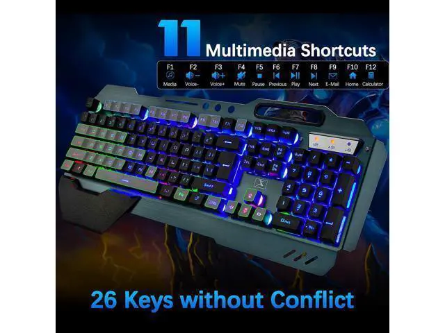 Alt view image 10 of 14 - Wireless gaming Keyboard and Mouse,Rainbow Backlit Rechargeable Keyboard Mouse with 3800mAh Battery Metal Panel,Removable Hand Rest Mechanical Feel Keyboard and 7 Color Gaming Mute Mouse for PC Gamers